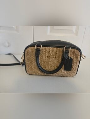 Coach Straw and Black Leather Crossbody Satchel